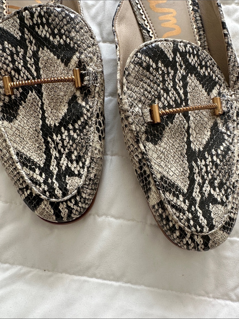 Sam Edelman Snake-Print Backless Mules with Gold Accent - Beige & Black - Picture 2 of 8